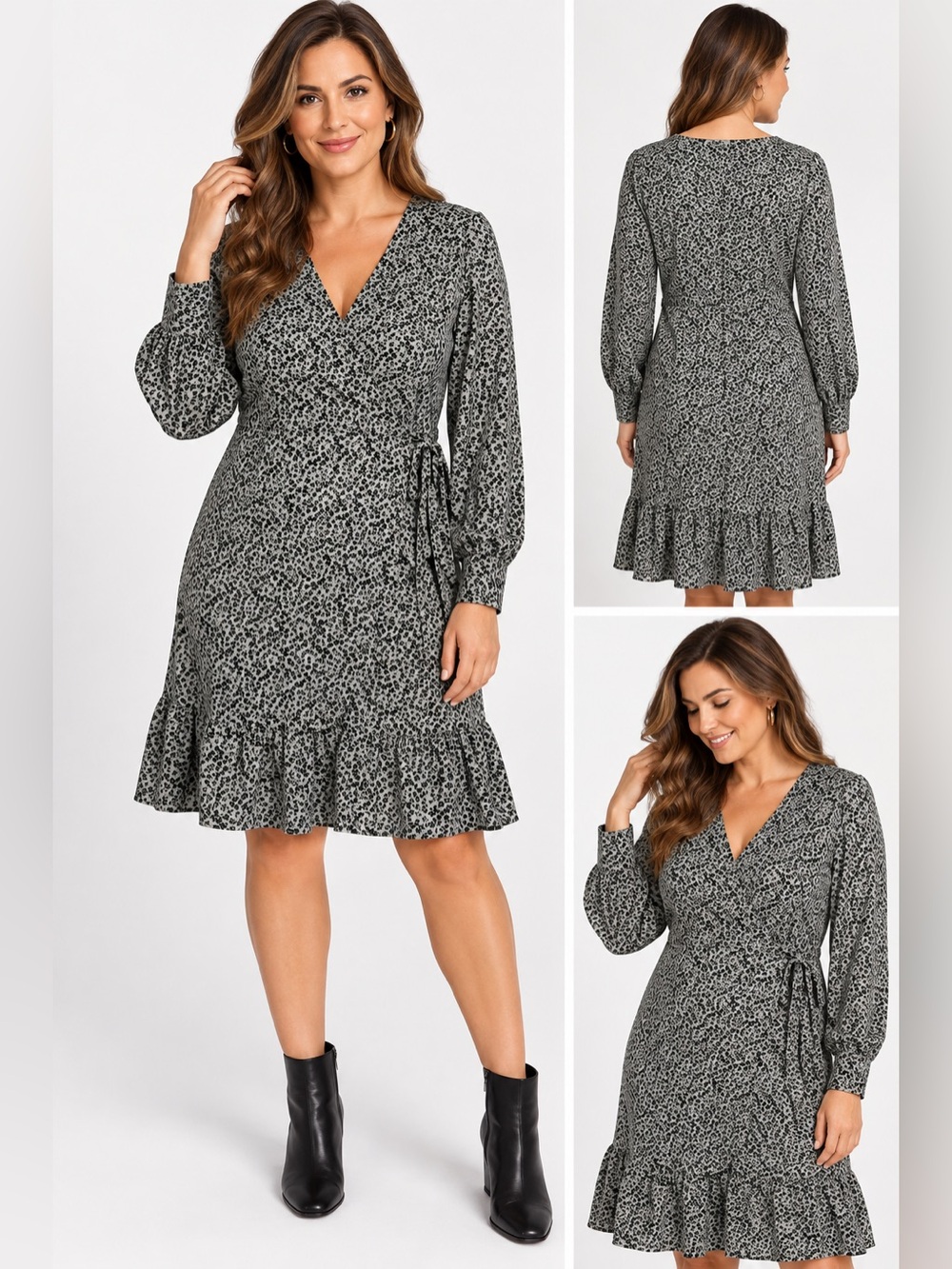 Kaileigh XL Gray Black Floral Long Sleeve Ruffle Hem Dress